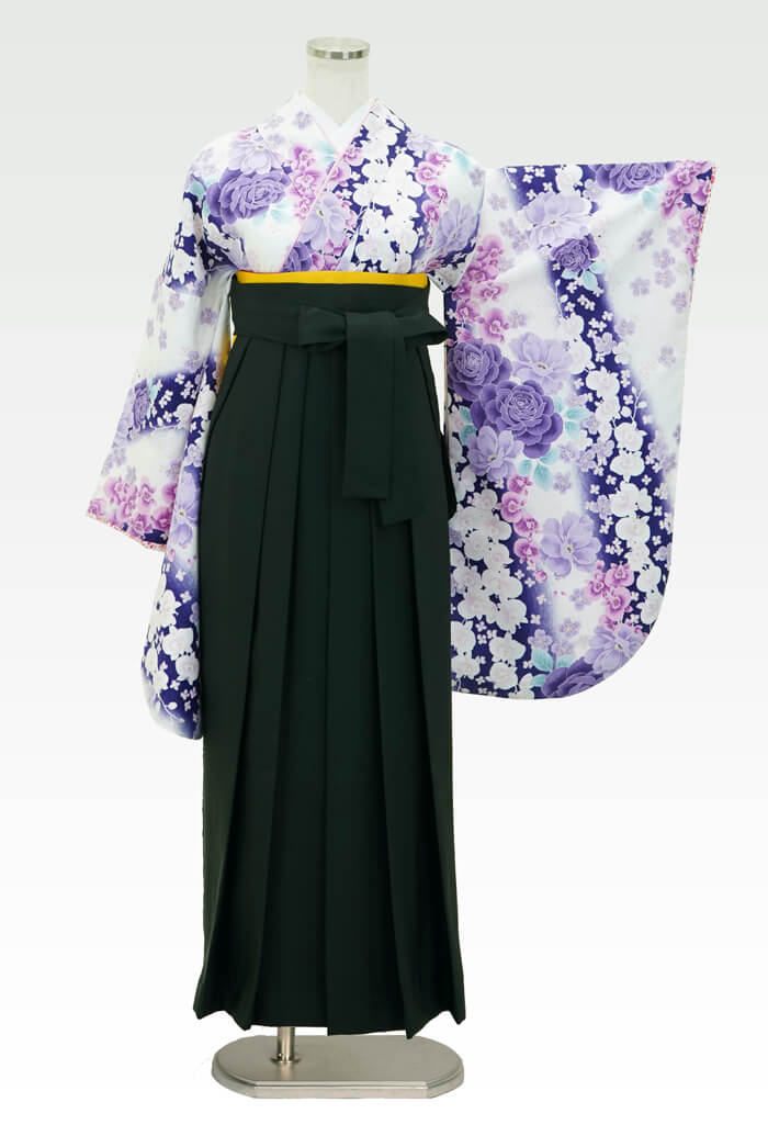 【着物】白×紫バラに蘭+【袴】フカミドリ