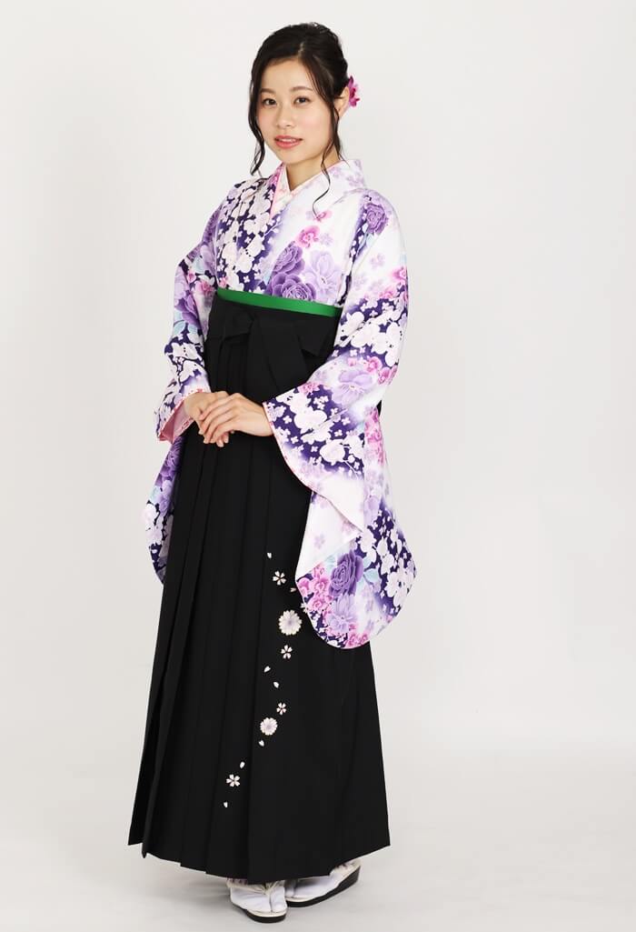 【着物】白×紫バラに蘭+【袴】クロ友ヤエザクラ