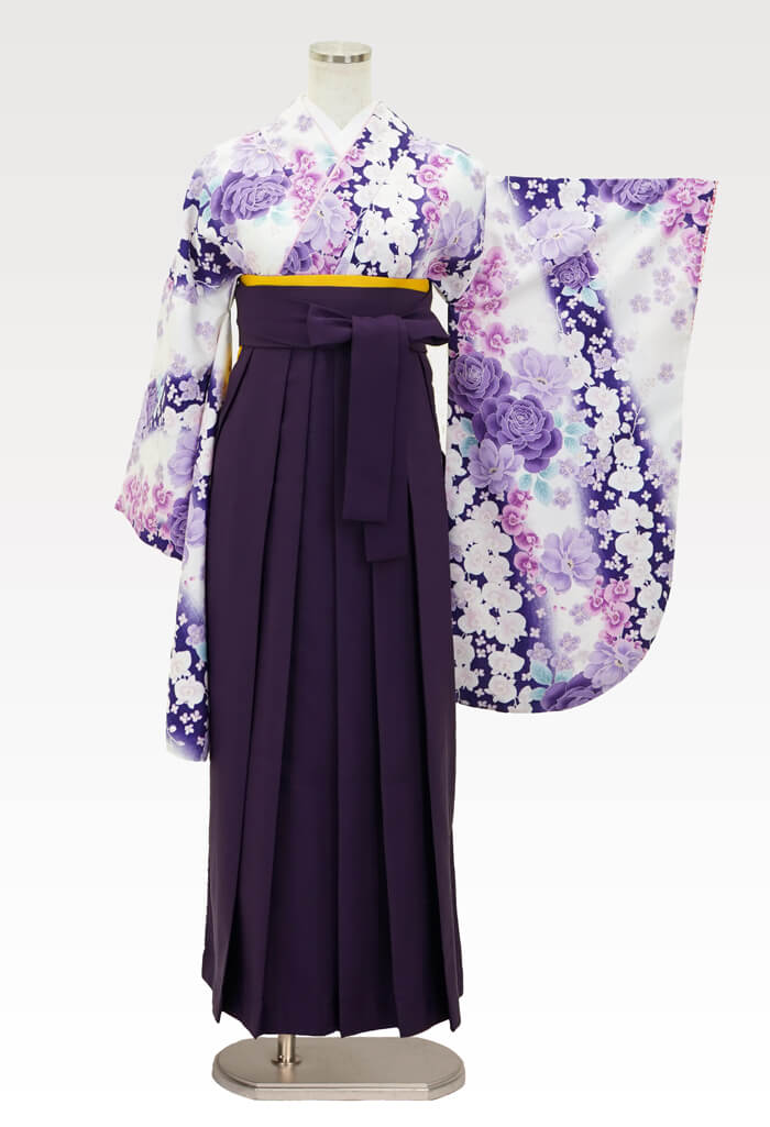 【着物】白×紫バラに蘭+【袴】ムラサキ