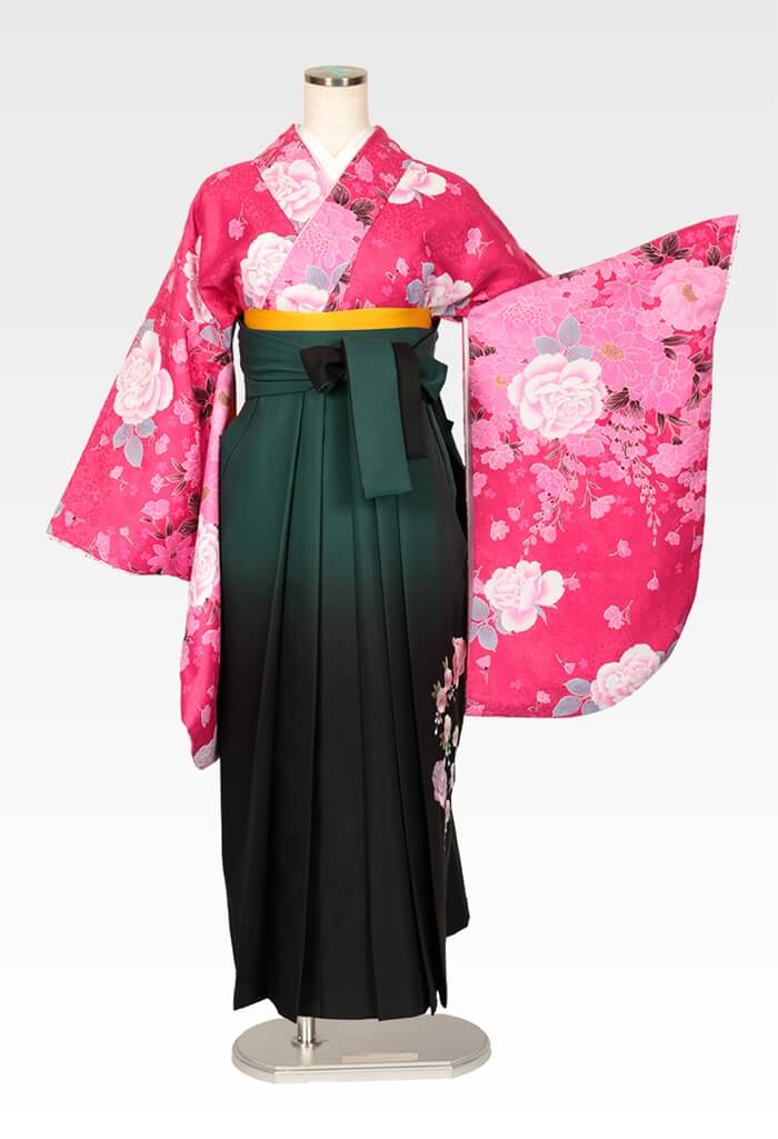 【着物】ピンク地牡丹とばら+【袴】グリーンボカシバラ刺繍