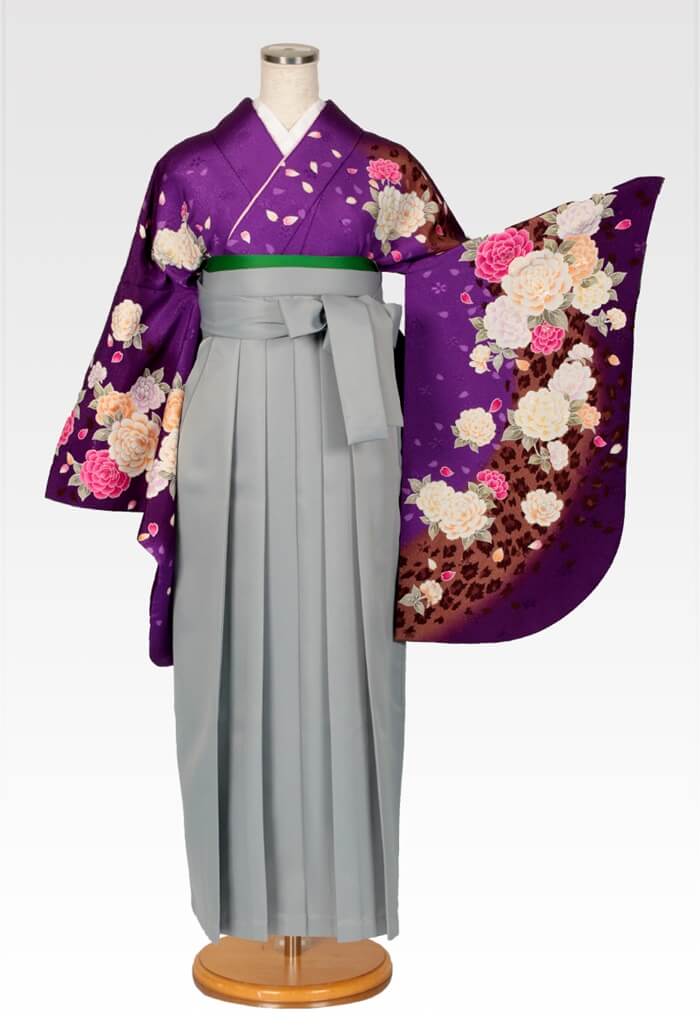 【着物】紫ラメバラ吹雪+【袴】ホワイトグレー