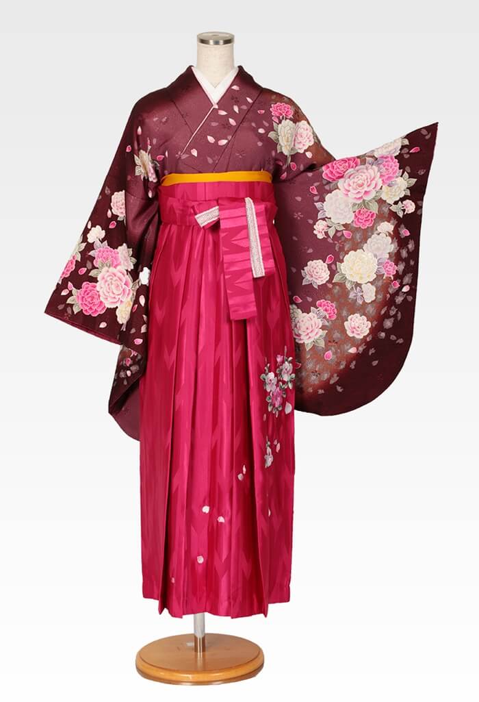 【着物】茶ラメバラ吹雪+【袴】ピンクバラ刺繍