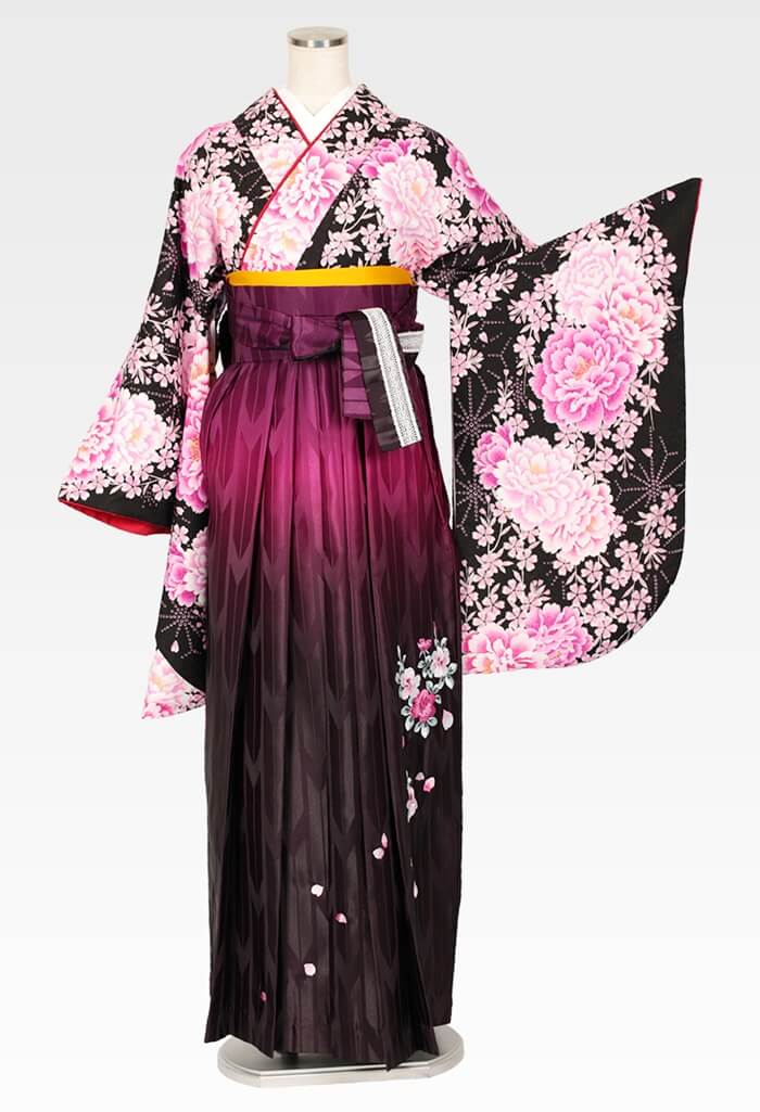【着物】洋花づくしブラック+【袴】紫ぼかしバラ刺繍