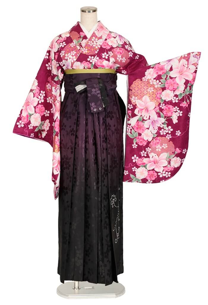 【着物】赤紫百合に桜+【袴】ムラサキ黒ぼかしスワロ桜地