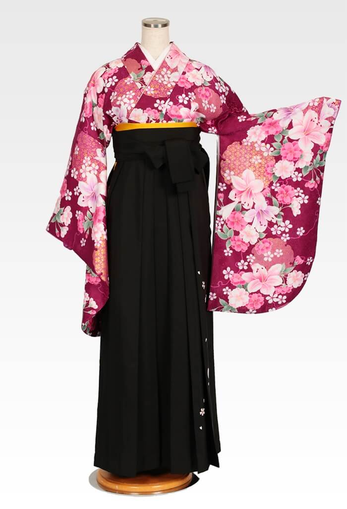 【着物】赤紫百合に桜+【袴】クロ友ヤエザクラ