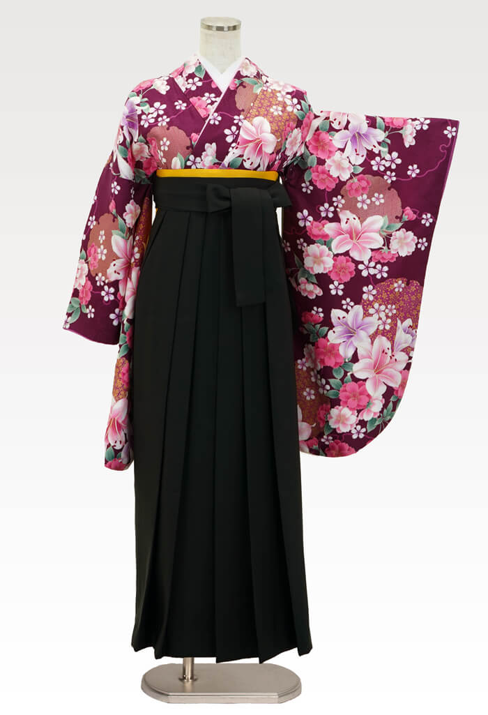 【着物】赤紫百合に桜+【袴】クロ