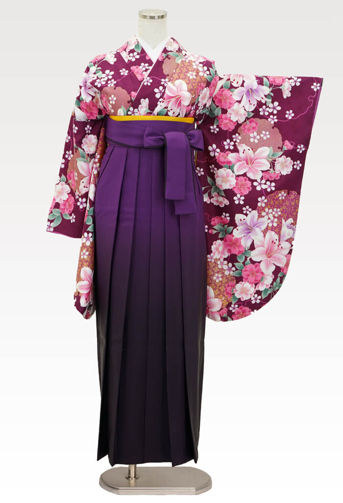 着物】赤紫百合に桜+【袴】ムラサキボカシ│27,500円で安心・安全