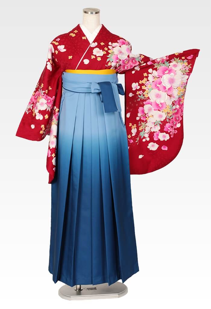 着物 エンジ胡蝶蘭 袴 ブルーボカシ 27 500円で安心 安全 卒業式袴のフルセットネットレンタル 袴コレクション