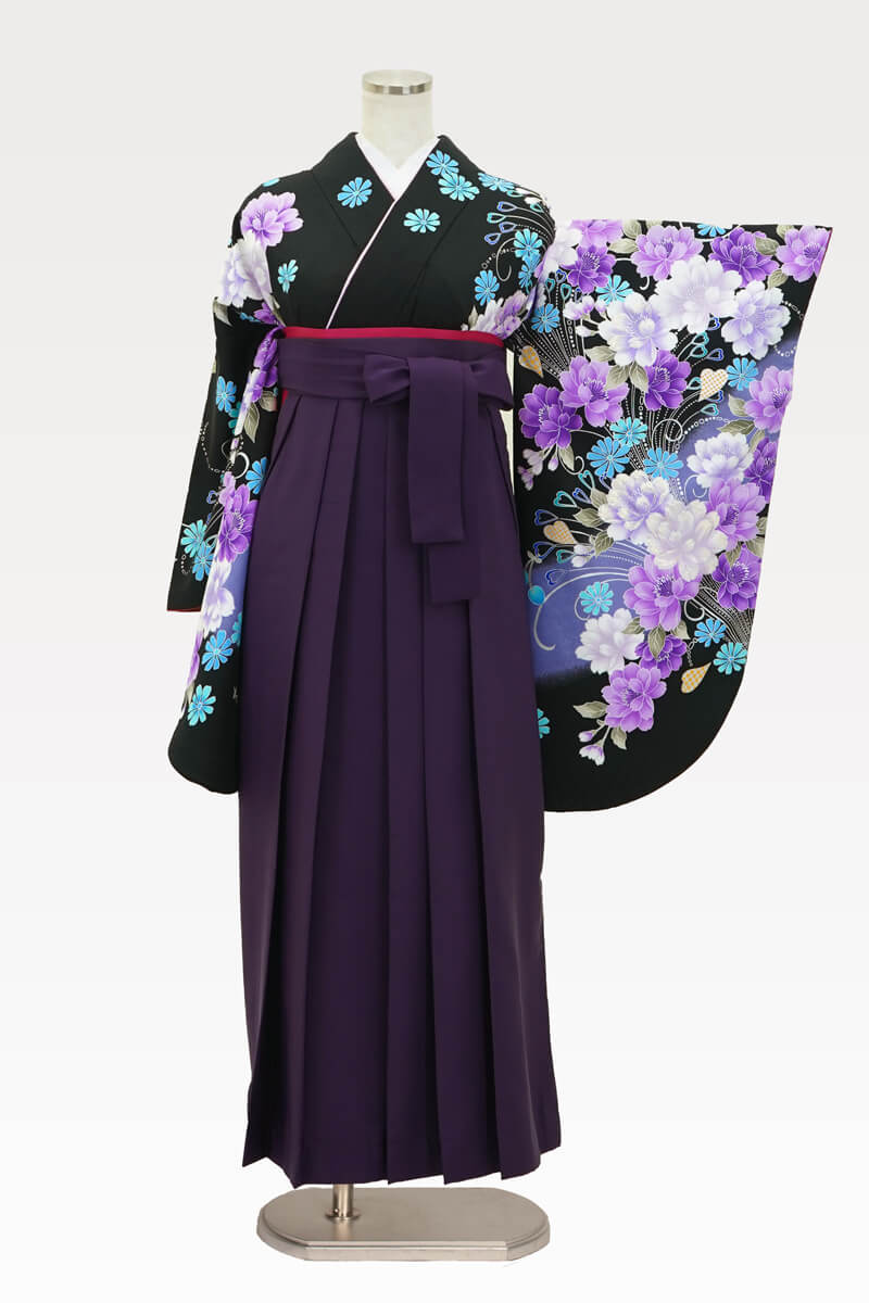 【着物】anan黒×紫牡丹流泉+【袴】ムラサキ