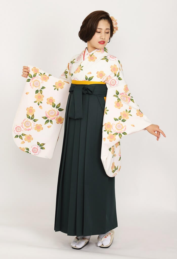 【卒業式袴レンタル/人気/安い/大学生/通販レンタル】個性的レトロ大人かわいい桜（オシャレ)　白/黄色/緑  CCC512_FMI005