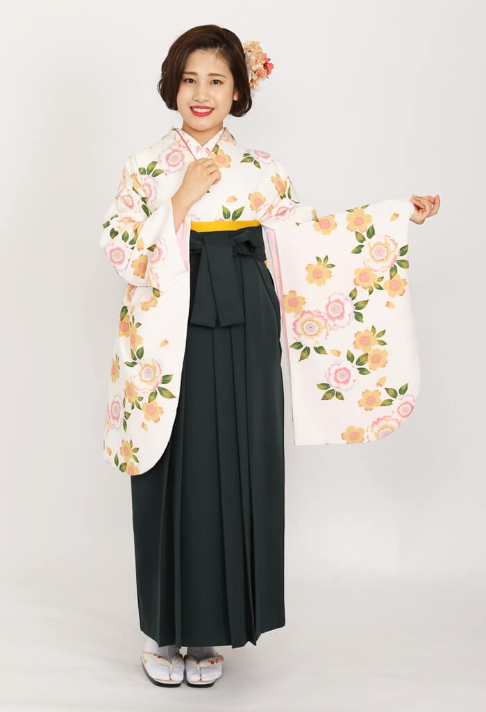 【卒業式袴レンタル/人気/安い/大学生/通販レンタル】個性的レトロ大人かわいい桜（オシャレ)　白/黄色/緑  CCC512_FMI005