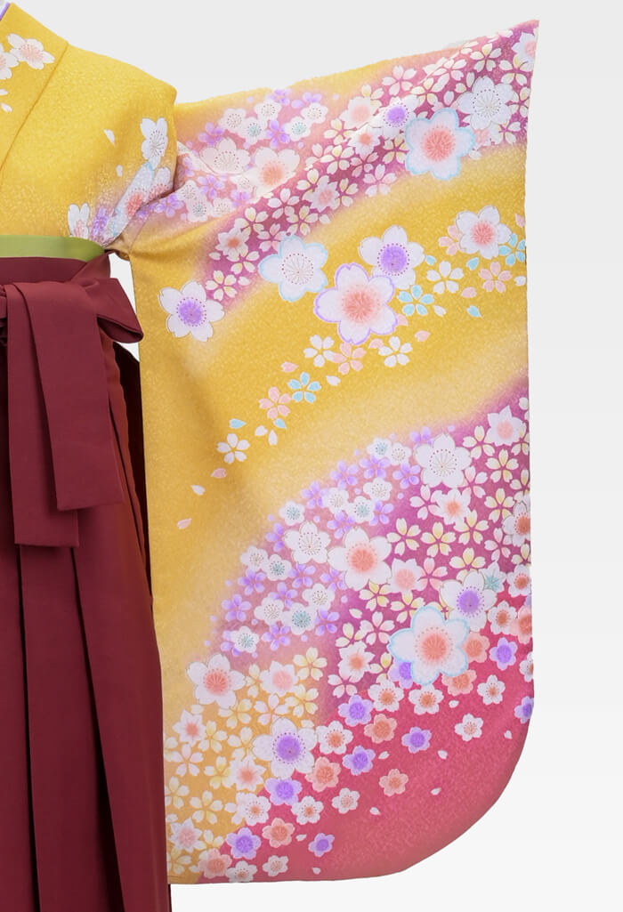 卒業式のネットレンタル袴「【着物】キイロにフジピンクサクラ+【袴】エンジ」