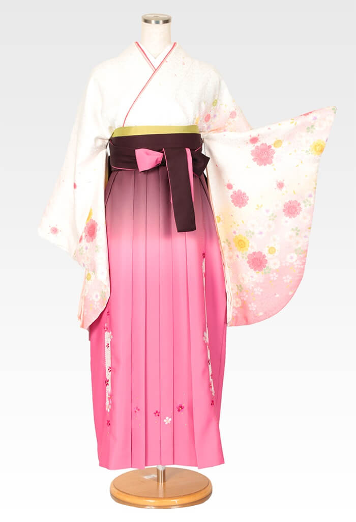 【着物】白地にピンクのヤエザクラ×【袴】ピンクぼかしレース桜