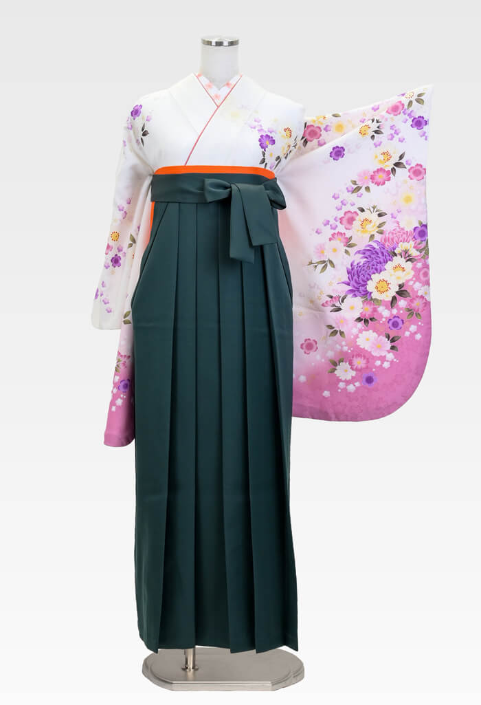 【着物】白にローズ袖ムラサキ桜+【袴】フカミドリ
