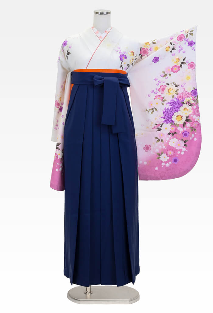 【着物】白にローズ袖ムラサキ桜+【袴】コン