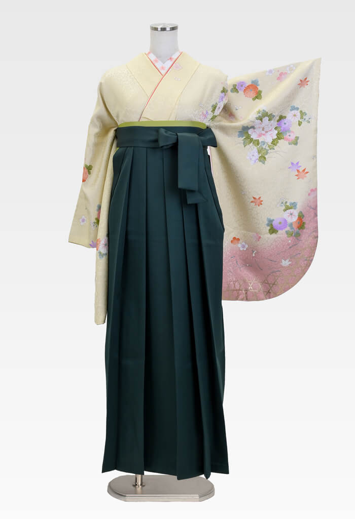 【卒業式袴レンタル/人気/安い/先生/通販レンタル】上品シンプル大人菊牡丹（オシャレ)　クリーム/緑   DDD761_FMI005
