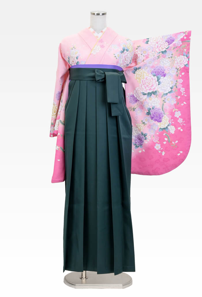 【着物】ピンク・桜とバラ+【袴】フカミドリ