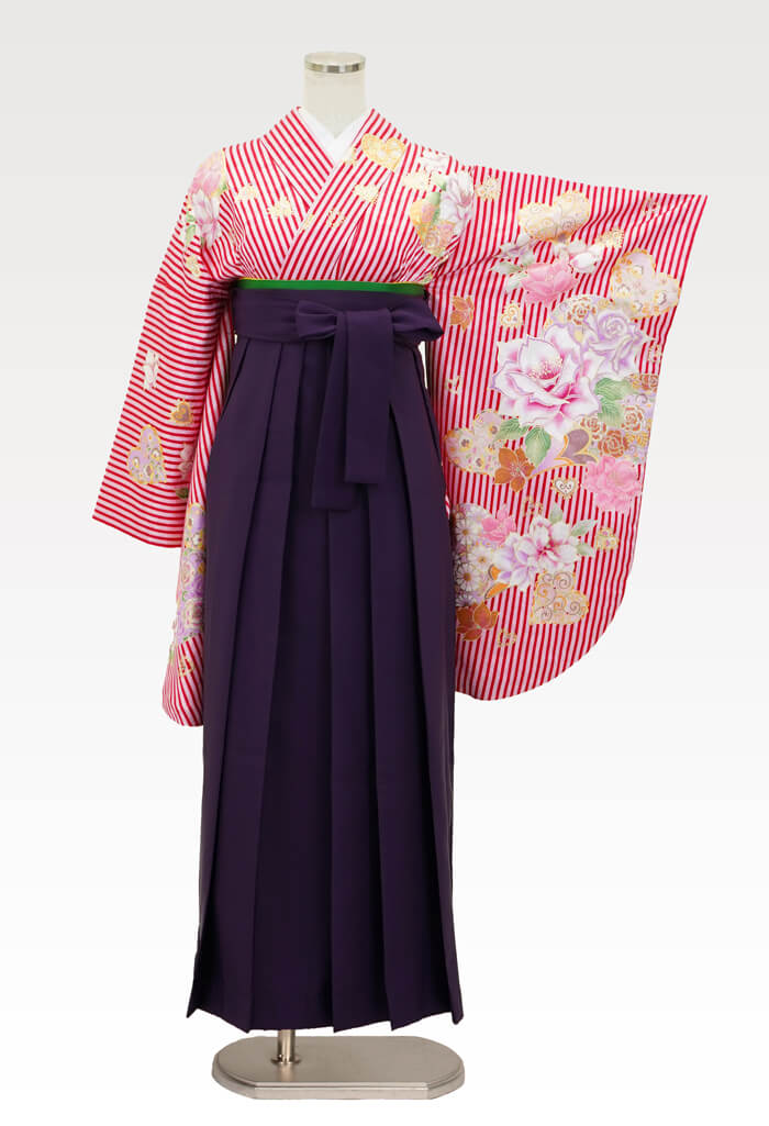 着物】ピンクストライプバラとハート+【袴】ムラサキ│27,500円で安心